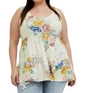 Torrid Challis Lattice Back Tunic Tank Women’s 4 4X Yellow Floral Sleeveless Top